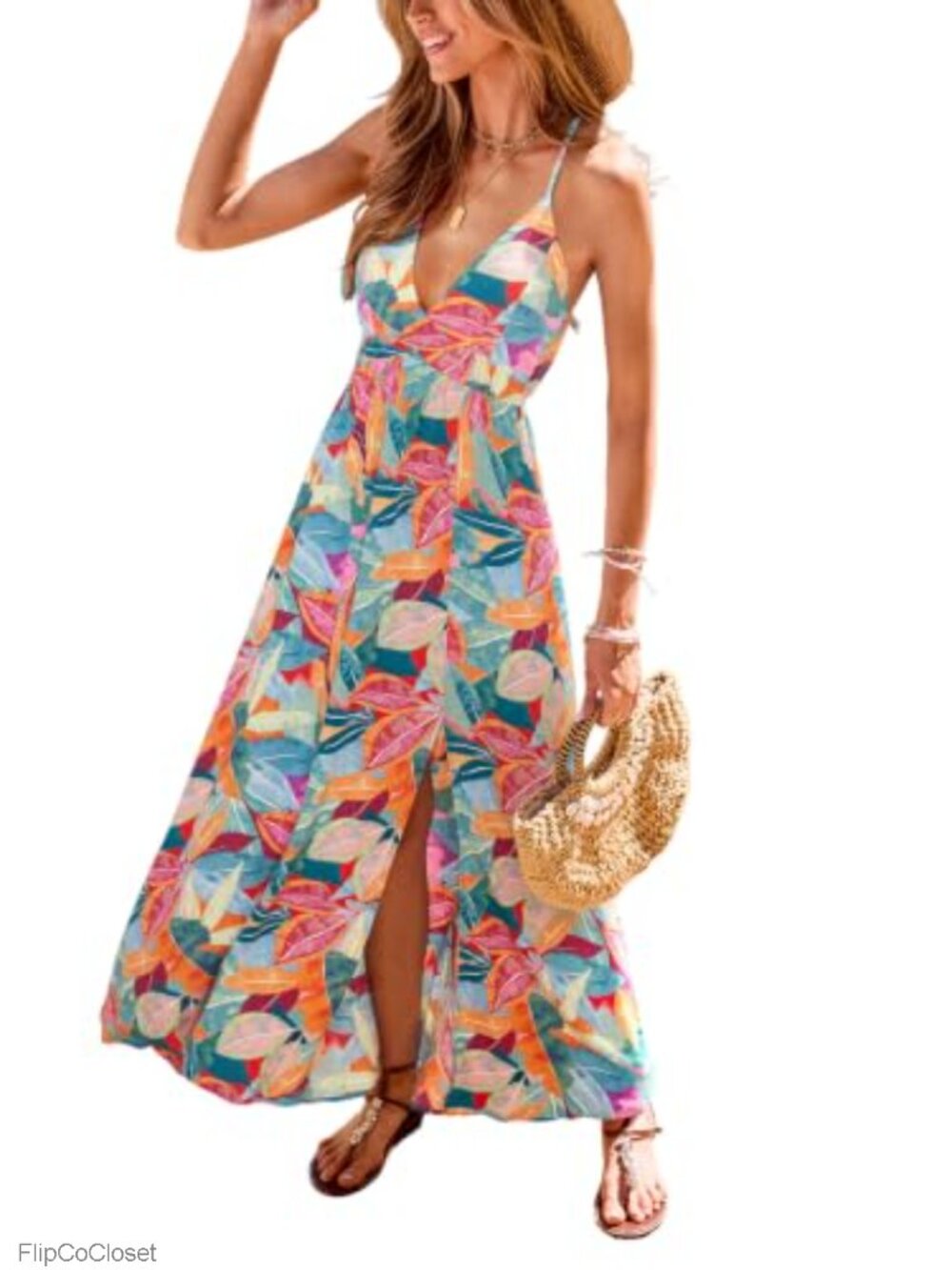 Women's Boho Tropical Maxi Dress Deep V-Neck High Slit Sleeveless Rayon Sundress